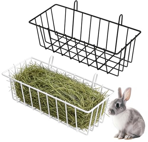 Rabbit Hay Feeder, 2 PCS Metal Hanging Hay Rack Guinea Pig Cage Accessories | Less Wasted and Keeps Cage Clean for Chinchilla Bunny Hamster & Small Animal (Black & White, 23x10x7.5CM)