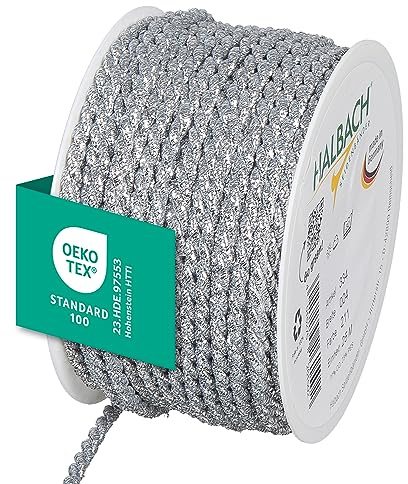 Halbach sidenband premiumsnöre silver | bredd: 4 mm längd: 25 m | snöre 2 mm för dekorationer | silversnöre för gör-det-själv-hantverk och presentförpackningar, färg: silver