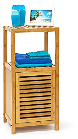 Relaxdays Badregal Bambus, Standregal mit Tür, Regal aus Holz für Bad und Wohnzimmer, Verschiedene Größen, Natur | Holzregal mit Schrankteil, magnetisch, Stauraum