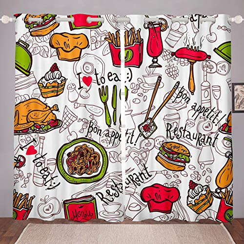Loussiesd Cortina de Comida deliciosas Cortinas de Pastel de Hamburgo con Espaguetis de Manzana, Restaurante Occidental, Cortinas para Ventanas de Comida rápida, 66 x 90