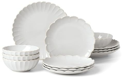 Lenox Stoneware Dinnerware Sets, French Perle Scallop 12-Piece Dinnerware Set for 4, Service For 4, Dishwasher Safe Dishware, White Dishes Set, Stoneware Dinner Plates and Bowls Sets (White, 12 Piece)