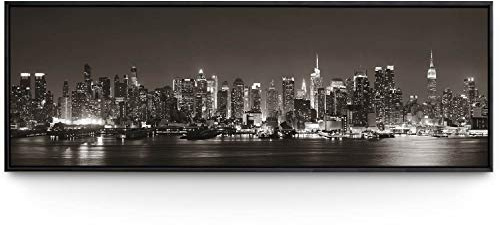 BilderKing Wandbild Skyline New York Manhatten Night - 150cm x 50cm Leinwand auf 2cm Keilrahmen mit Schattenfugenrahmen schwarz