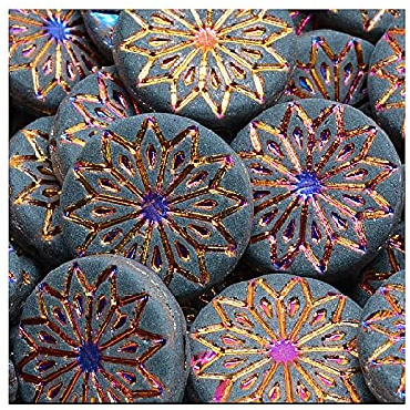 6 stk Pressed Czech glass beads origami flower round big with ornament, 18 mm Violet Iris (Gedrückte tschechische Glasperlen Origami-Blume runden groß mit Ornament Violette Iris)