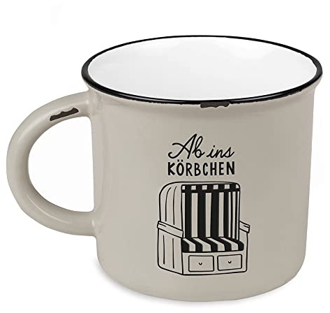 Vintage-Becher aus Keramik im Emaille-Look, Ab ins Körbchen, 400 ml | Mit tiefgeprägtem Schriftzug und Geschenkbox - 39 Designs, spülmaschinen- und mikrowellengeeignet