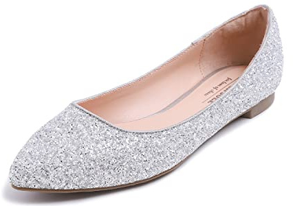 FEVERSOLE Women's Sparkle Memory Foam Cushioned Colorful Shiny Ballet Flats Glitter Ice Silver Pointed Size 7 M US
