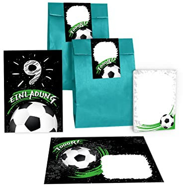 Junapack 12 Einladungskarten zum 9. Kindergeburtstag neunte Geburtstag Jungen Fussball Fußball incl. 12 Umschläge, 12 Tüten/petrol, 12 Aufkleber, 12 Blöcke
