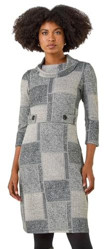 Roman Originals Patchwork Cowl Neck Button Detail Dress for Women UK - Ladies Everyday Holiday Autumn Winter Pull-On 3/4 Sleeves Comfy Soft Vacation Evening Work - Light Charcoal - Size 12