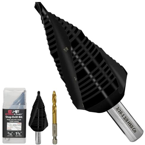 S&F STEAD & FAST Drei Spiralnuten-Stufenbohrer für Metall, HSS M35, 3/16 Zoll-1-3/8 Zoll, 1 Stück, robuster Unibit, 1/4 Zoll Sechskantschaft, Beize Weniger Stahl, Aluminium