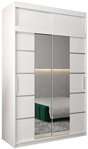 MEBLE KRYSPOL Verona 4 150 Schlafzimmerschrank Schiebetüren Schrank mit Spiegel Kleiderschrank mit Spiegel Schiebetürenschrank Kleiderschrank Schiebetüren – 150x240x62cm - Mattweiß mit Verlängerung