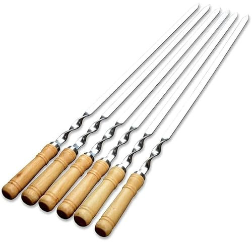 6 pcs BBQ Kebab Skewers, Twisted Metal Skewer Sticks, 46 cm, Wooden Handle, Stainless Steel, Reusable Grilling Skewers, for Kebab, for Burgers
