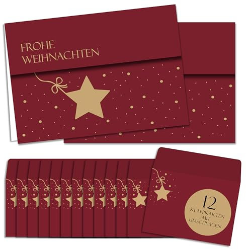 BIROYAL Weihnachtskarten mit Umschlag Set 12 Stück - A6 Klappkarten Weihnachten - Goldprägung Weihnachtskarten Set - Christmas Card - Weihnachtsgrußkarten - leere Innenseite Weihnachtspostkarten