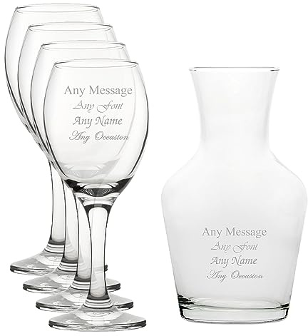 Personalised Engraved Set of 4 Pure Wine Glass and 500ml Vin Carafe Set, Customise with Any Message for Any Occasion, Stylize from a Variety of Fonts, Gift Boxes Included, Laser Engraved