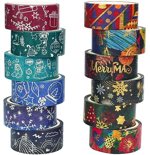 YUBX 12 Rollen Washi Tape Weihnachten Washi Masking Tape Goldfolie Klebeband Dekoratives Klebeband Papier Tape für Bullet Journal Scrapbooking Handwerk DIY Supplies