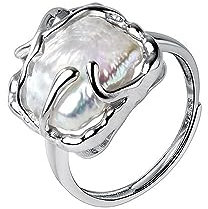 IMINI Anillo de plata de ley 925 con perla barroca irregular para mujer y niña, anillo de moda ajustable para mujer y niña, regalo de cumpleaños o San Valentín, plata de ley, perla, Plata de ley,