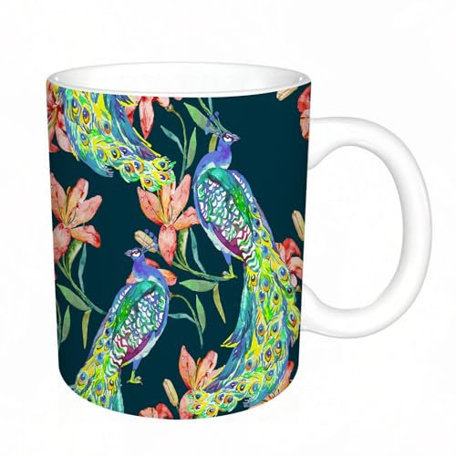 DHAEY Original Becher - Teetasse als Geschenk für Ihre Lieben - Wunderschönes Pfauenmuster. Tropisches nahtloses Muster. Vektor. Pfauen und Lilie. Kaffeetasse aus feinem Porzellan - 330 ml 8 x 8,5 cm