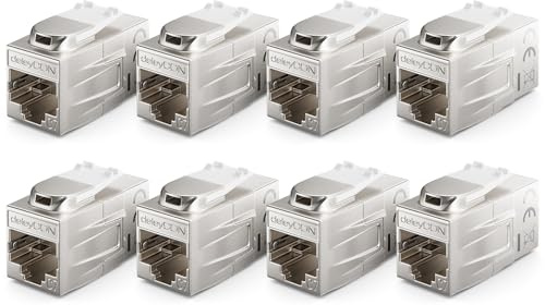 deleyCON 8 Stycke CAT 7 Koppling Keystone Metall 2x RJ45-uttag Kontakt för RJ45 Patchkabel 600 MHz 10 Gbps LAN DSL Ethernet och Användbar som Keystone Silver