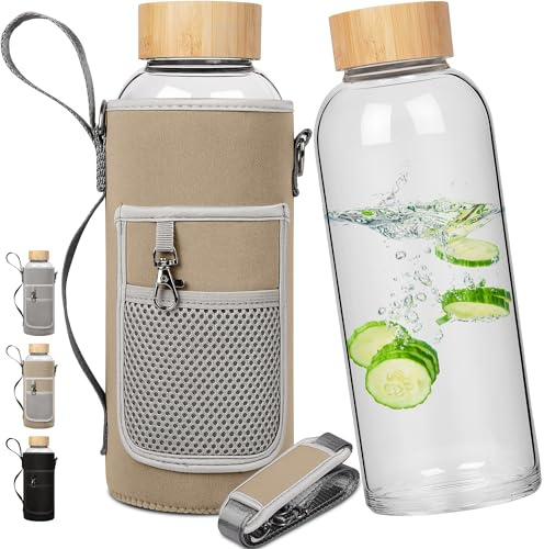 Ferexer Glasflasche 1.5 Liter Sport Borosilikat Trinkflasche Glas Wasserflasche mit Bambus Deckel mit Neoprenhülle 1500 ml / 1.5 L