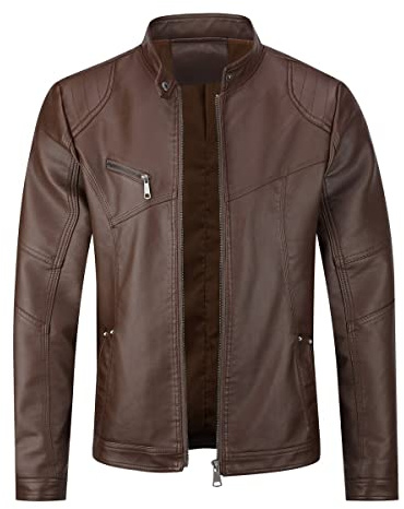 Allthemen Mens Leather Jackets Stand Casual Collar Jacket Full Zipper Bomber Jacket Long Sleeve Outdoor #08 Coffee M