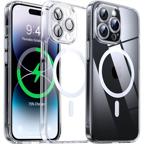 Flyzoo Clear Magnetic Case for iPhone 14 Pro (6.1'') with Camera Protector, [Compatible with MagSafe] [Non-Yellowing] [Shockproof & Antiscratch Protection] Hard Transparent Cover with Silicone, Clear