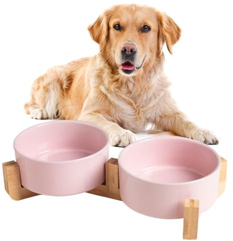 Hundenapf Keramik, 2 Stück Futterschüssel Wassernapf Napf mit Bambus Ständer für mittelgroße und große Hunde Futter- und Wassernapf (Rosa,12 * 5cm/300ml)