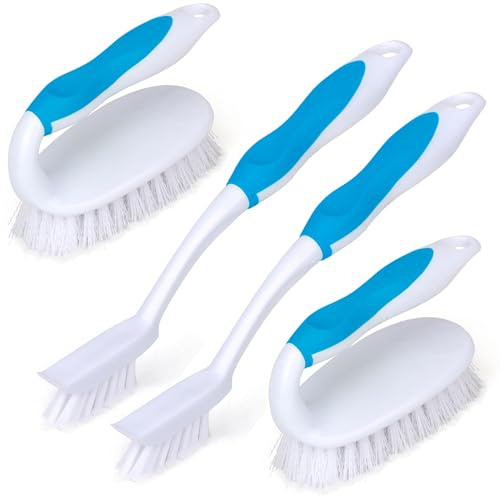 Juego de 4 cepillos de limpieza profunda, 2 cepillos de fregar, 2 cepillos de azulejos y lechada con raspador integrado, limpiador de limpieza para suelo, ducha, pared de piscina, bañera, baño y
