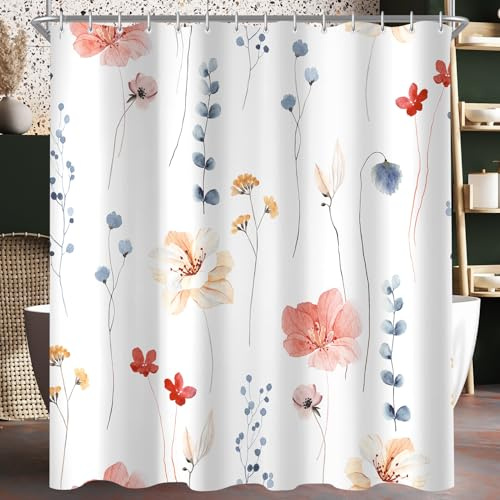 Lerores Duschvorhang 180x180 cm Koralle Blume,Beschwerter Saum Antischimmel,Wasserabweisend, Waschbar Polyester Badevorhänge mit 12 Ösen und Duschvorhangringe für Badezimmer,Badewanne