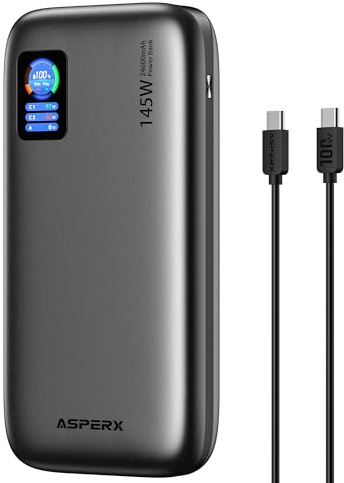 AsperX Power Bank 24000mAh PD 145W grijs | Powerbank Laptop,100W Max pro Hafen USB C Schnelllade,LED Display,CCC Zertifiziert, Flugzeugtauglich, für iPhone,MacBook