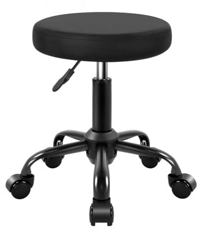 KKTONER Round Rolling Stool Height Adjustable Stool PU Leather Chair with Wheels Salon Spa Drafting stools Small (Black)