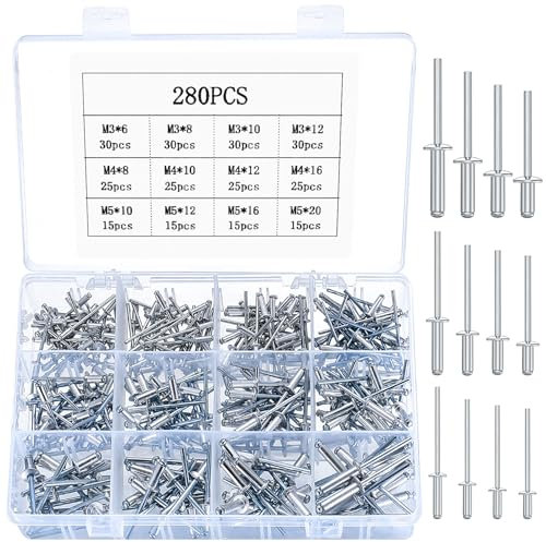 280 Pcs Pop Rivets Assortment, Aluminum Blind Rivets Set, Flange Blind Rivets with Shaft Mandrel, Open End Rivets, Flange Rivets for Metal Wood Plastic - M3/M4/M5 Pop Rivets Fasteners
