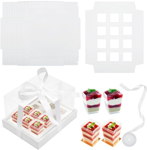 Kritkin 10 Pack Dessert Shooter Box for 12, 3 oz Square Dessert Shooter Cups Cupcake Transport Container Boxes with Window Ribbon for Birthday Holiday Party Baby Shower Wedding Bakery Supplies