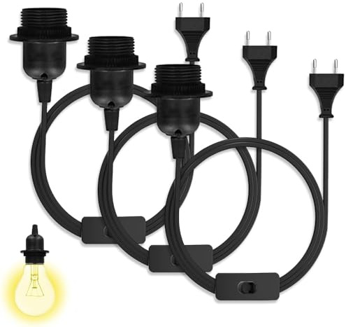 Casenly Lampenfassung E27 mit Kabel, 3 Stück E27 Fassung mit 1.5 m Kabel Schraubring, Lampensockel Lampensockel mit Schalter Stecke für Lampenaufhängung Pendelleuchte Deckenlampe
