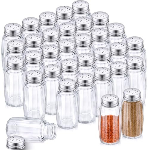 Bokon Paquete de 48 saleros de vidrio a granel con tapas de acero inoxidable de 2.75 onzas, pequeño agitador de especias para cocina, restaurantes y catering, suministros de fiesta de boda (redondo)