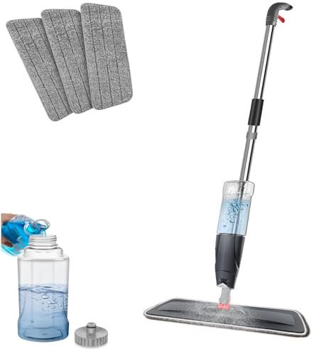 Bodenwischer Wischer mit Sprühfunktion, Sprühwischer Bodenwischer Wischmopp Spray Mop Wischer Boden, 700ml Wassertank, 360° Rotierender Mop mit 3 Waschbaren Mikrofaser Pads für alle Hartböden, Grau
