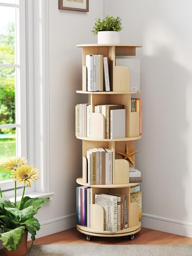 yeshine 4-Tier 360° Removable Rotating Bookshelf, Revolving bookcase with Casters, Book Storage, Book Display Shelf, Floor standing Book Shelf for Living Room, Bedroom, Office