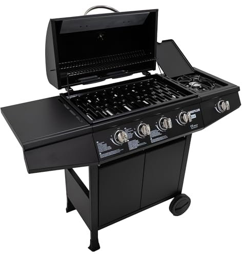 Amig - Barbecue a gas Fireplus 4+1 da 9,3 kW | Acciaio inossidabile Nero | Griglia ruote Modello GRILL-4F | Barbecue XXL con carrello e termometro | 126x52x103 cm | 5 bruciatori e Vassoio laterale