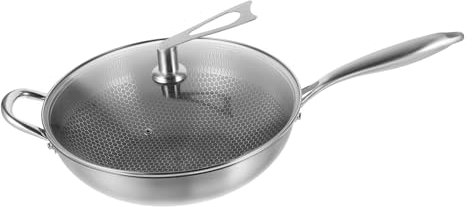 DINHEAROM Sartén Wok De Acero Inoxidable Con Tapa Antiadherente De Nido De Abeja Para Cocina De Gas De Inducción