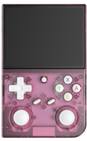 G350 Handheld Game Console , 3.5 inch IPS Screen Linux System 3200 mAh Battery 4371 Games Preloaded , Portable Retro Video Games Console Support Wired Controller and Earphone (Transparent Pink)