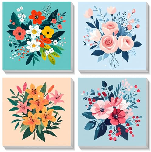 Bowetile Set med 4 inramade blomstermålnings-på-nummerset för barn, målnings-på-nummerset på duk för vuxna och nybörjare, akryl målning på nummer för rumsdekoration, 20 x 20 cm
