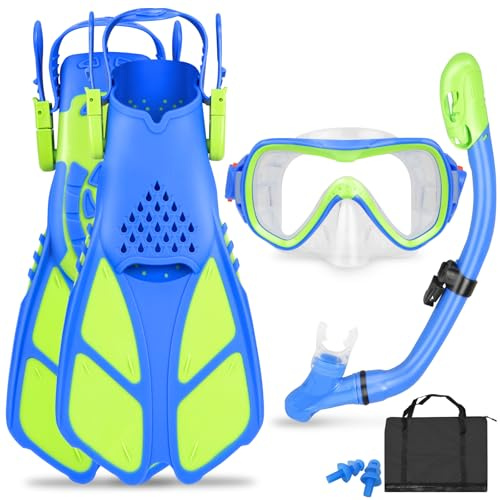 FosDero Kids Snorkel Set Mask Fins-Panoramic Snorkel Mask+Dry Top Snorkel+Adjustable Swim Fins+Mesh Bag+Earplugs for Boys Girls, Junior Snorkeling Gear for Kids Ages 6-14 Years (Green)