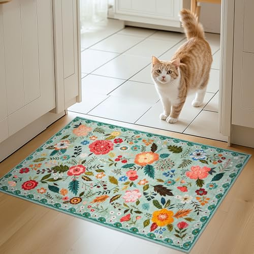 Puremy Schmutzfangmatte Innen, Waschbarer Fussmatte, Blumenmuster, Vintage Teppiche, Niedriger Flor, rutschfest, Weiche, Eingangstürmatte für Flur Eingangsbereich Küche, 66x100cm, Grün
