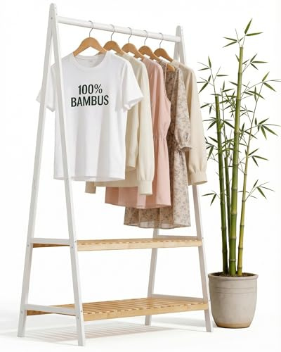 RoyalGrove® Kleiderständer mit 2 Ablagen aus Bambus weiß, Garderobenständer mit stabiler Kleiderstange, Garderobe mit Schuhregal, für Flur, Schlafzimmer, 160 x 80 x 44 cm (Weiß)