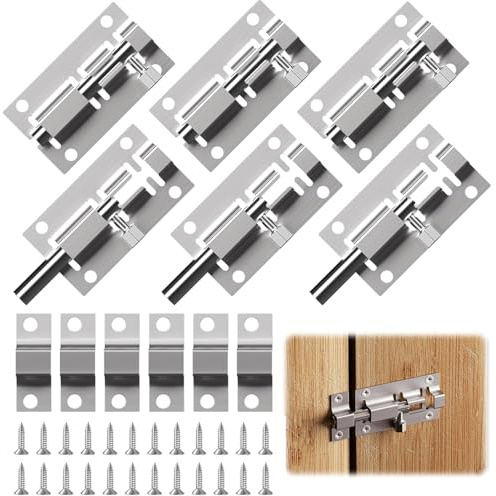 6 Pcs Door Lock Bolts, Small Door Bolt Lock, Stainless Steel Door Latch Slide Bolts Lock with Screws 2 inch Sliding Latch Lock Silver Door Latch Slide Bolts Lock for Bathroom Bedroom Home Toilet Yard
