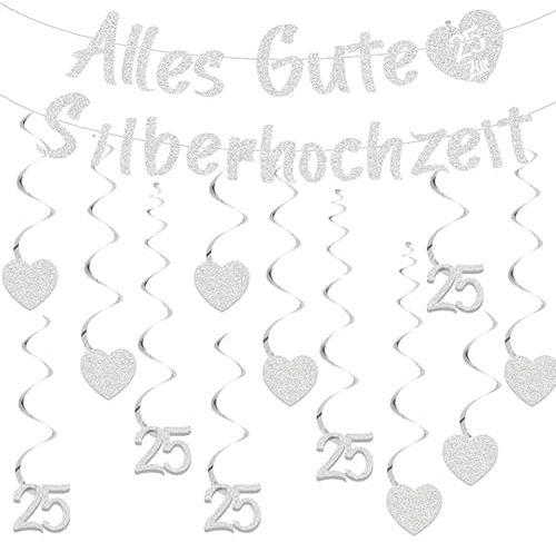Silberhochzeit Deko, Silberhochzeit Deko Girlande Set - Silberne 25 Hochzeitstag Dekoration Banner und Hängende Wirbel Zahl 25, Spiralen Hängedeko Garland für 25. Jubiläum Silber Hochzeit Partydeko