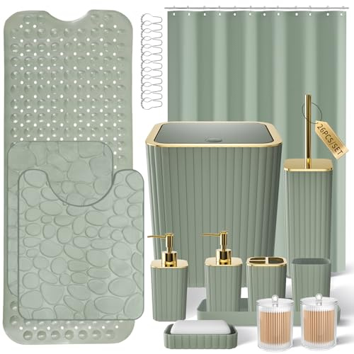 XLHOMO 26PC Bathroom Accessories Set - Gorgeous Sage Green Bathroom Set, Bathroom Accessory Set, Shower Curtain Set with Bathtub Mats for Shower Tub, Trash Can & Soap Dispenser
