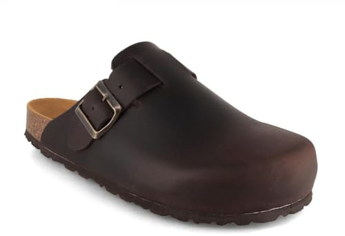 Tuffeln Leder-Clogs Helgoland mit weichem Korkfußbett bequeme Hausschuhe & Pantoletten für Damen & Herren, Dunkelbraun Gr. 40