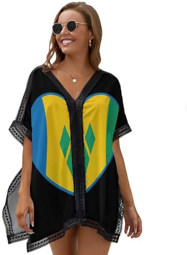 Saint Vincent and Grenadines Flag Heart Women's Swim Cover-Ups & Sarongs V-Neck Beach Swimsuits Cover Up for Holiday Poolside Party