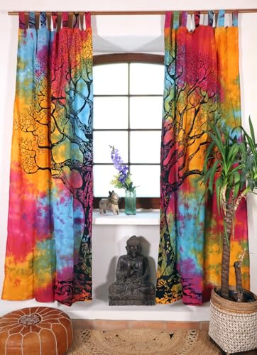 Boho Vorhänge, Gardine mit Schlaufen, handbedruckter Lebensbaum, batik | Blickdicht, 100 % Baumwolle, traditionelles Ethno-Motiv, inklusive Drapierbändchen, vielseitig einsetzbar.