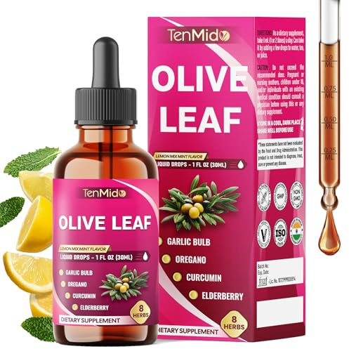 Tenmido Olive Leaf Extract Liquid - 8in1 with Garlic, Oregano, Curcumin, Elderberry, Dandelion, Ginger, and Peppermint - Vegan, Non-GMO - 30ml 1 Fl Oz