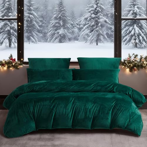 YASMENG Juego de ropa de cama de invierno 220x240 cm, verde oscuro, cálido, acogedor, ropa de cama de felpa para invierno, suave, terciopelo cálido, edredón de felpa, franela, juego de 3 piezas, con