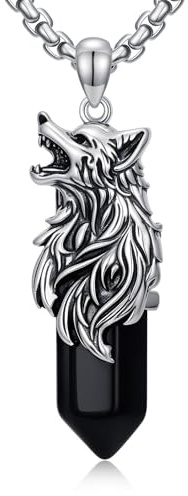 PDTJMTG Collar de lobo de plata de ley 925 con colgante de cabeza de lobo vikingo, obsidiana negra, joyería para hombres, papá e hijo